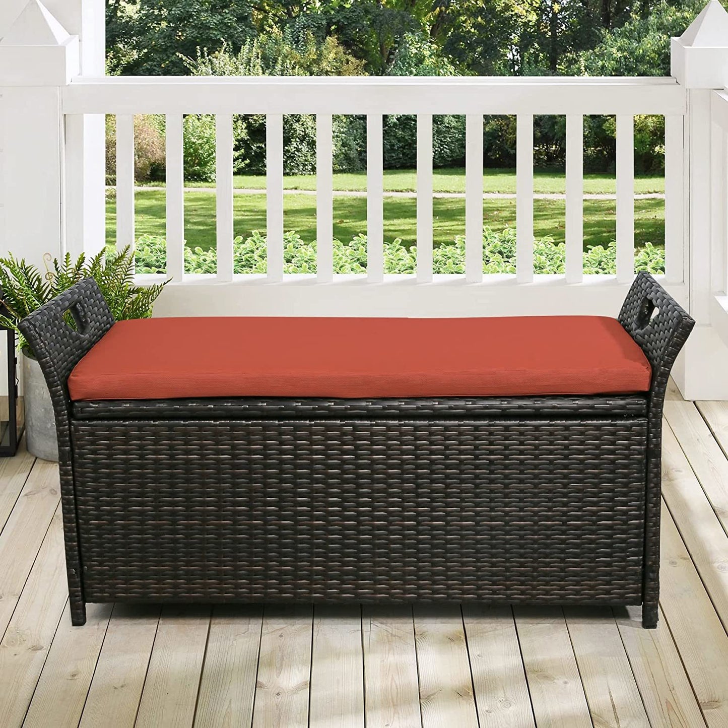 Patio Wicker Storage Bench Outdoor Rattan Deck Storage Box with Cushion