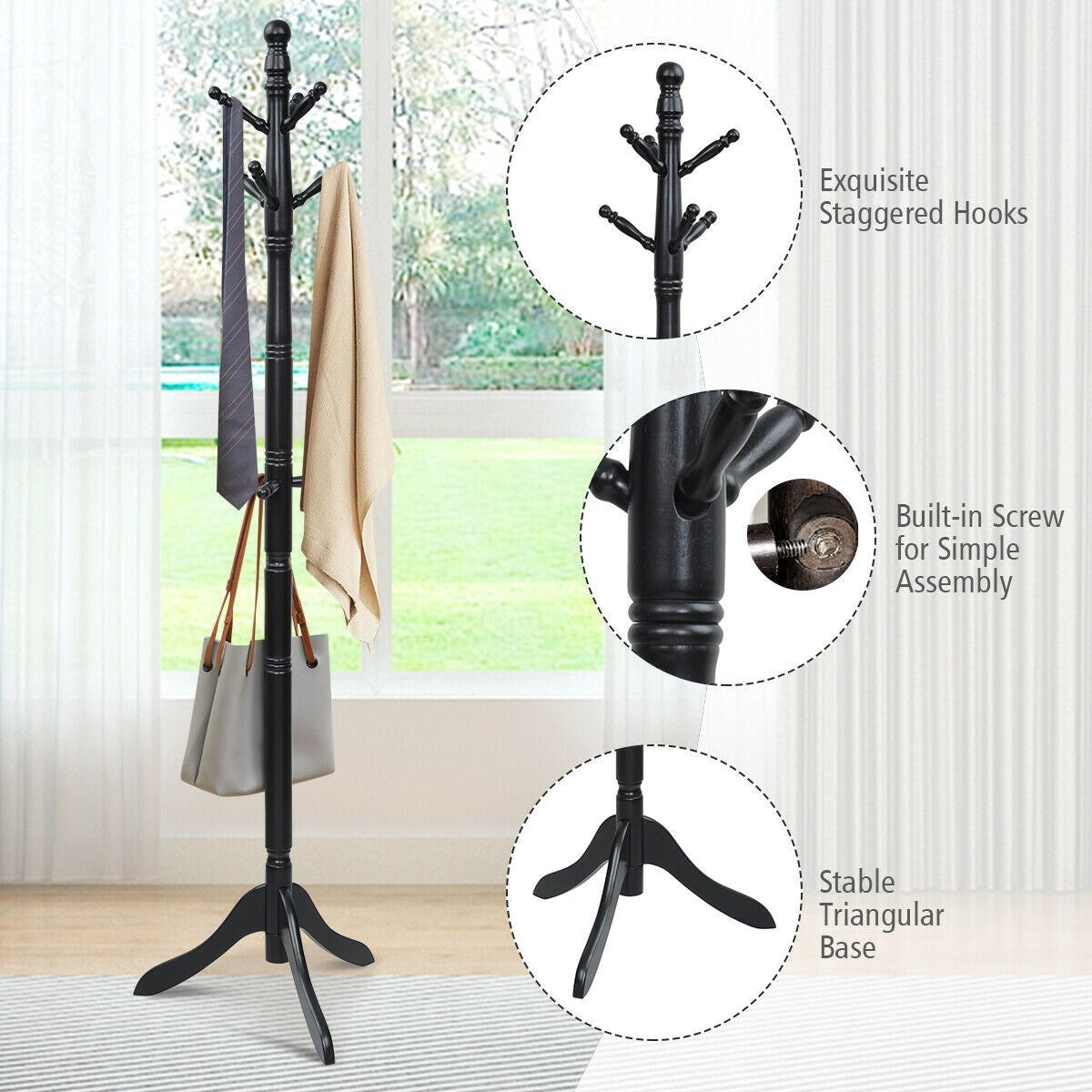 Entryway Adjustable Free Standing Wooden Coat Rack Brown