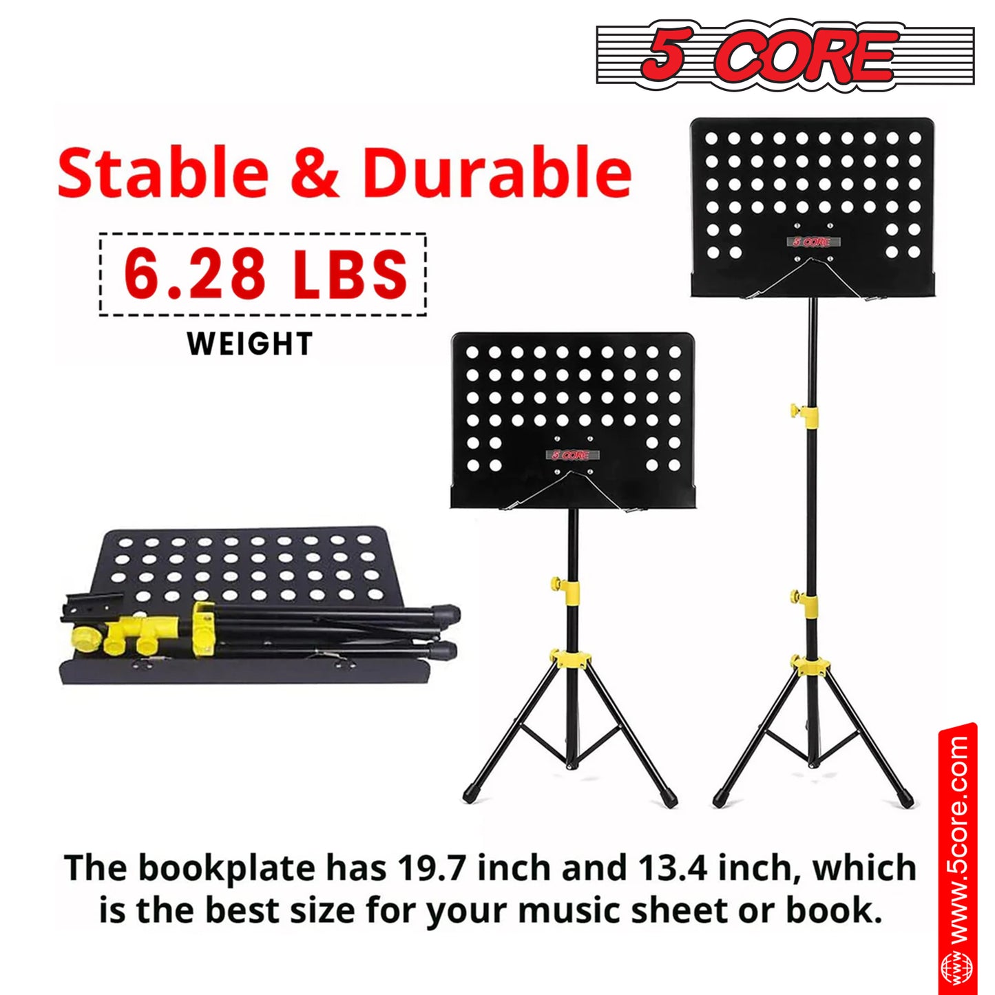 5 Core Sheet Music Stand Professional Folding Adjustable Portable Orchestra Music Sheet Stands; Heavy Duty Super Sturdy MUS YLW