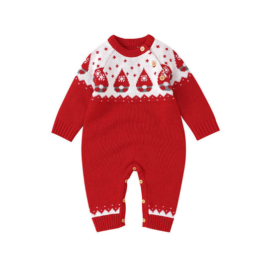 Baby Christmas Embroidered Graphic Side Button Design Knit Long Style Jumpsuit