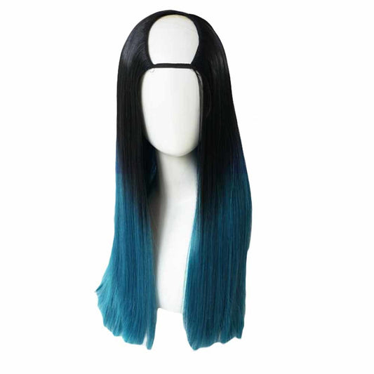 Black Peacock Blue 65 cm U Shape 2 Tone Cosplay Full Wig Long Straight Hair Wig Halloween Dress Up