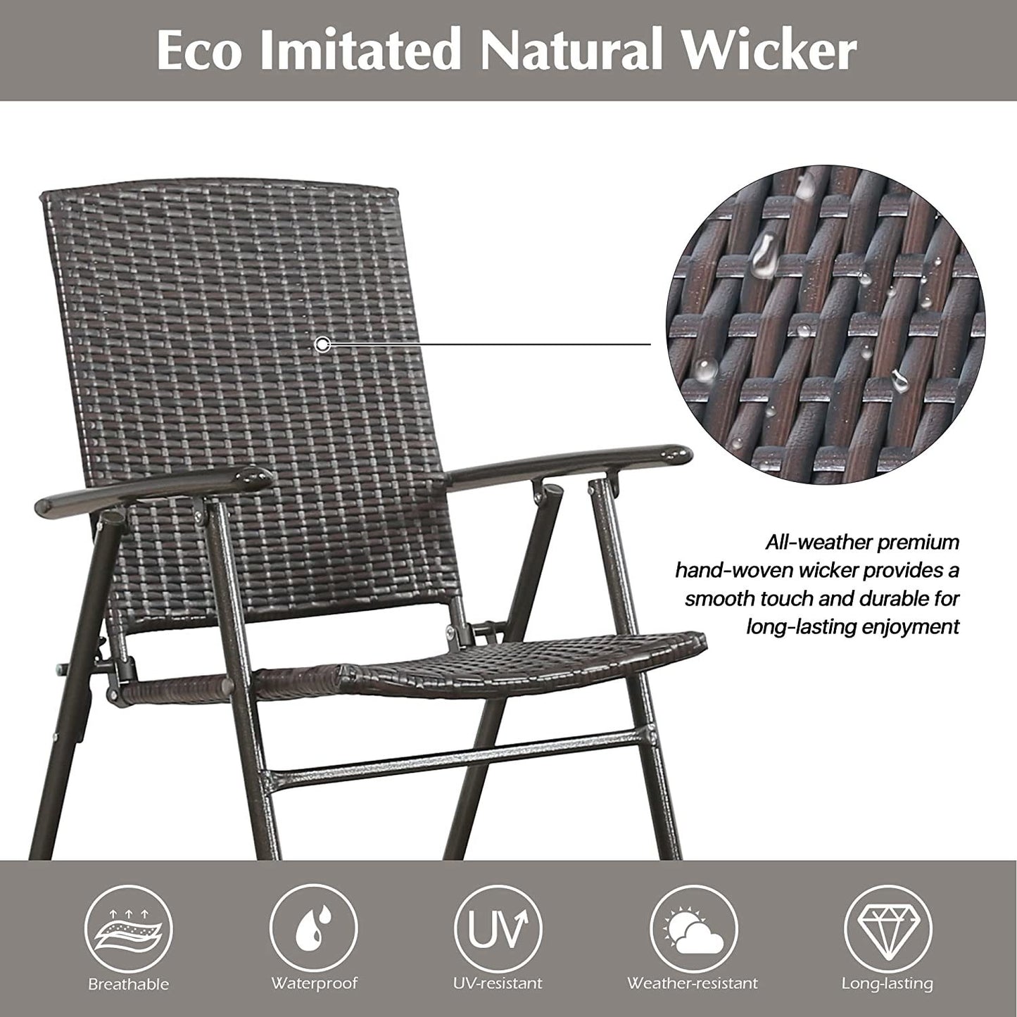 Folding Patio Wicker Bar Chairs Outdoor Portable Bar Chairs Outside Rattan Dining Chair Set for Garden, Porch, Yard and Indoor, Set of 4