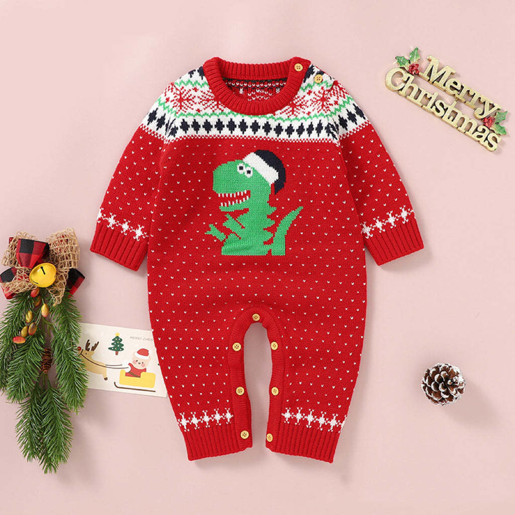 Baby Dinosaur And Dot Print Pattern Christmas Style Knit Warm Romper