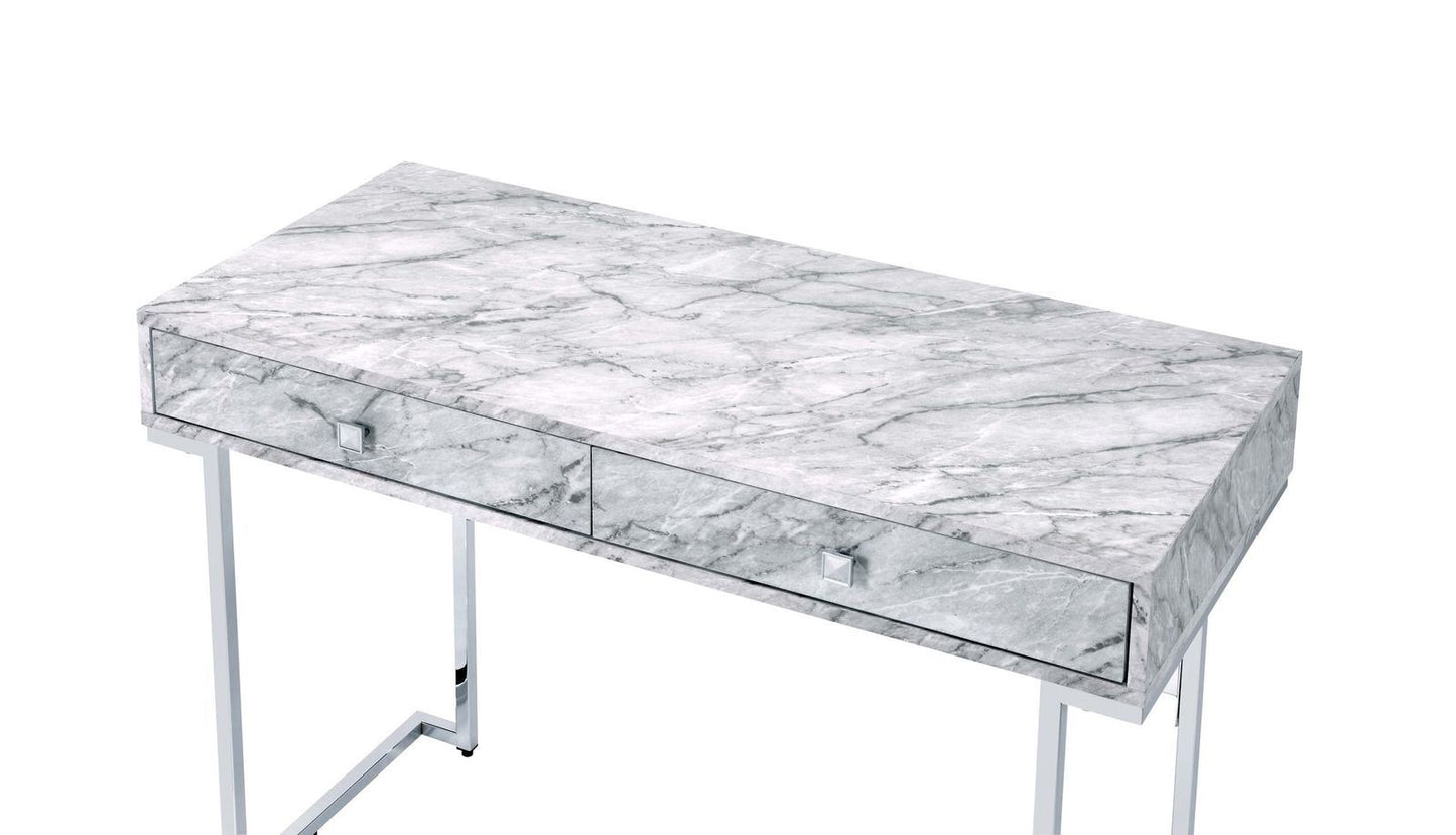 Tigress Writing Desk; White Printed Faux Marble & Chrome Finish YJ