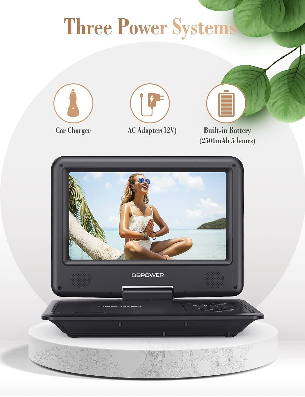 DBPOWER 11.5" Portable DVD Player, 5-Hour Built-in Rechargeable Battery, 9" Swivel Screen, Support CD/DVD/SD Card/USB, Remote Control, 1.8 Meter Car Charger, Power Adaptor and Car Headrest