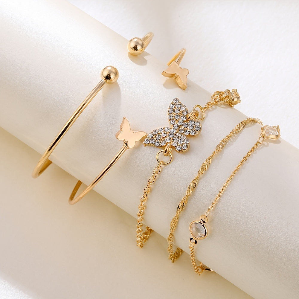 5pack Golden Butterfly Cuff Bangle Glitter Rhinestone Bracelet Set