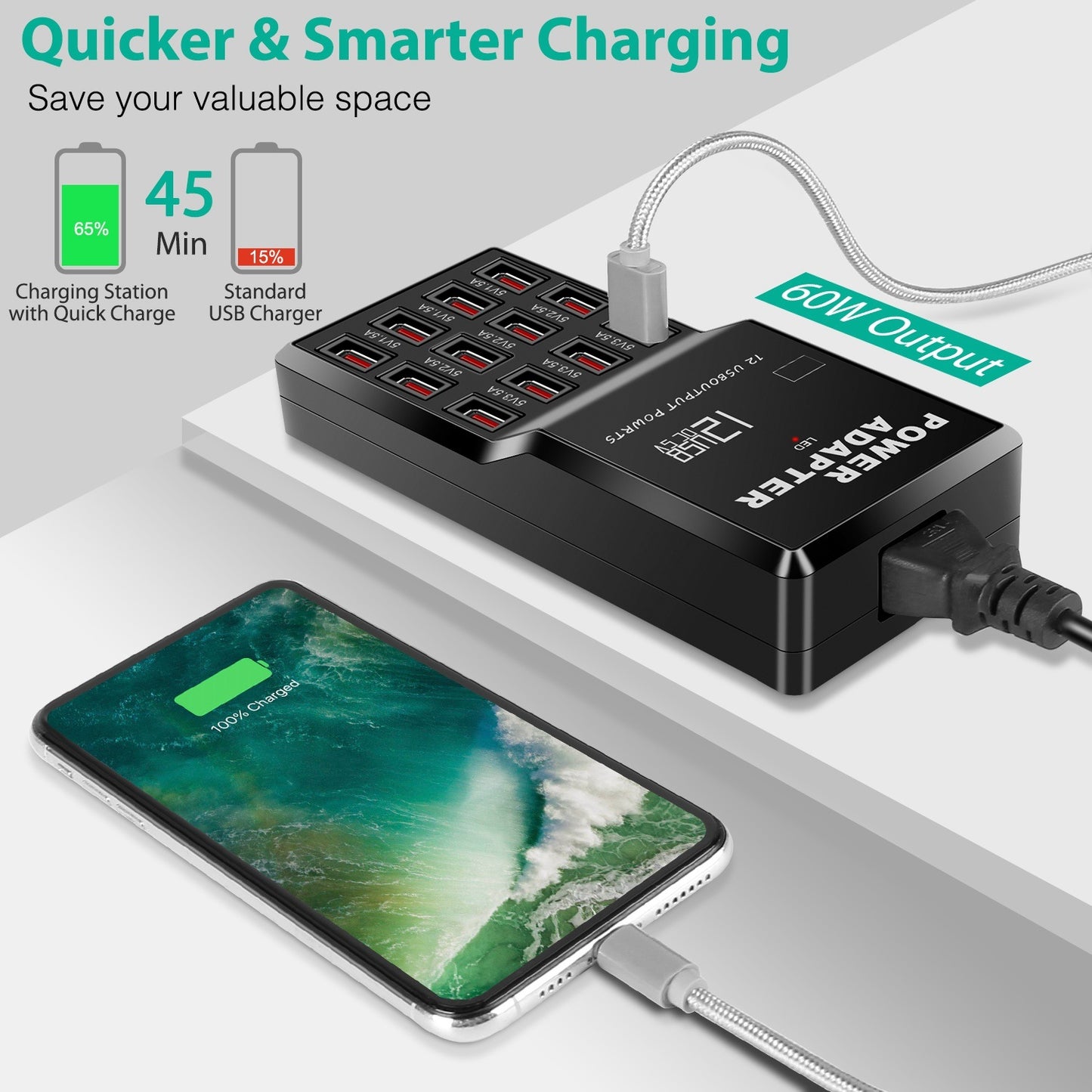 Multi 12 Port USB Charging Station Hub 60W Desktop USB Hub Multiple USB Charger Fast Charge