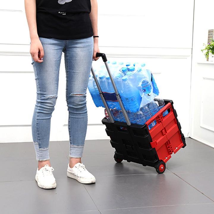 Bosonshop Folding Shopping Cart with Wheels, Collapsible Grocery Storage Transit Utility Hand Cart for Daily Use, 77 Lbs Capacity, Red & Black