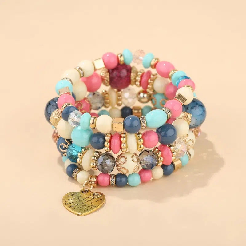 Heart Charm Bead Layered Bracelet Set Pompomian Bracelet Charm Vintage Jewelry Valentine's Day Gift