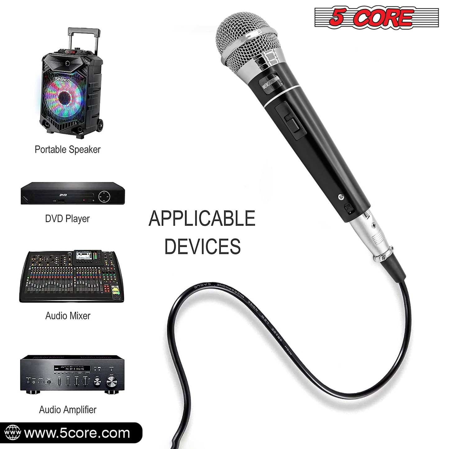 5 CORE Premium Vocal Dynamic Cardioid Handheld Microphone Unidirectional Mic with 16ft Detachable XLR Cable to ? inch Audio Jack and On/Off Switch for Karaoke Singing PM 100