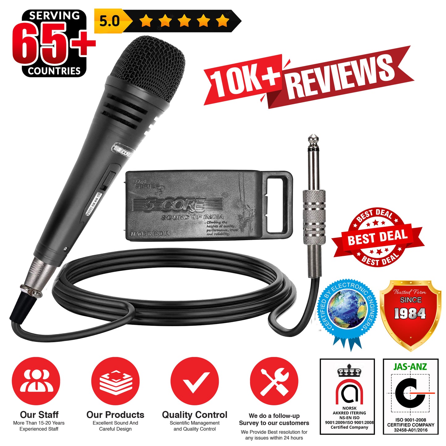 5 CORE Professional Dynamic Vocal Microphone Neodymium Cardioid Unidirectional Handheld Mic for Speakers, Karaoke W/Steel Mesh Grille, Metal Body ON/Off Switch w/16ft Detachable Cable+ Clip+ Bag