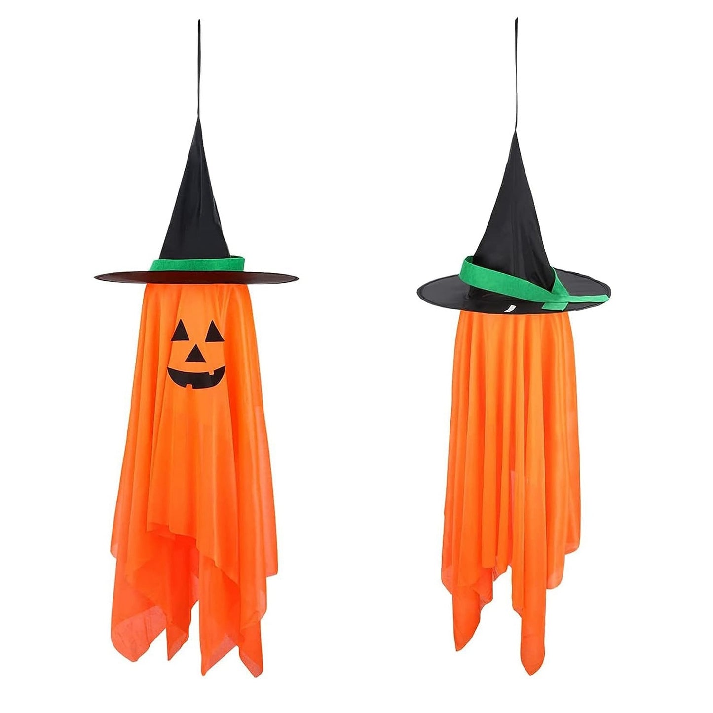 2 Pack Hanging Ghosts with Wizard Hat Snicker Scary Face Halloween Party Hanging Decorations Pumpkin Wizard Hat for Eave Tree Porch