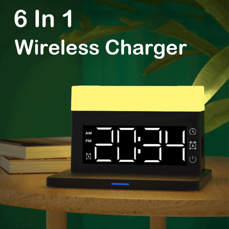 6 In 1 15W Wireless Charger for IPhone 14 13 Xiaomi AirPods IWatch Charger Station Bedside Alarm Clock Desk Lamp Charging