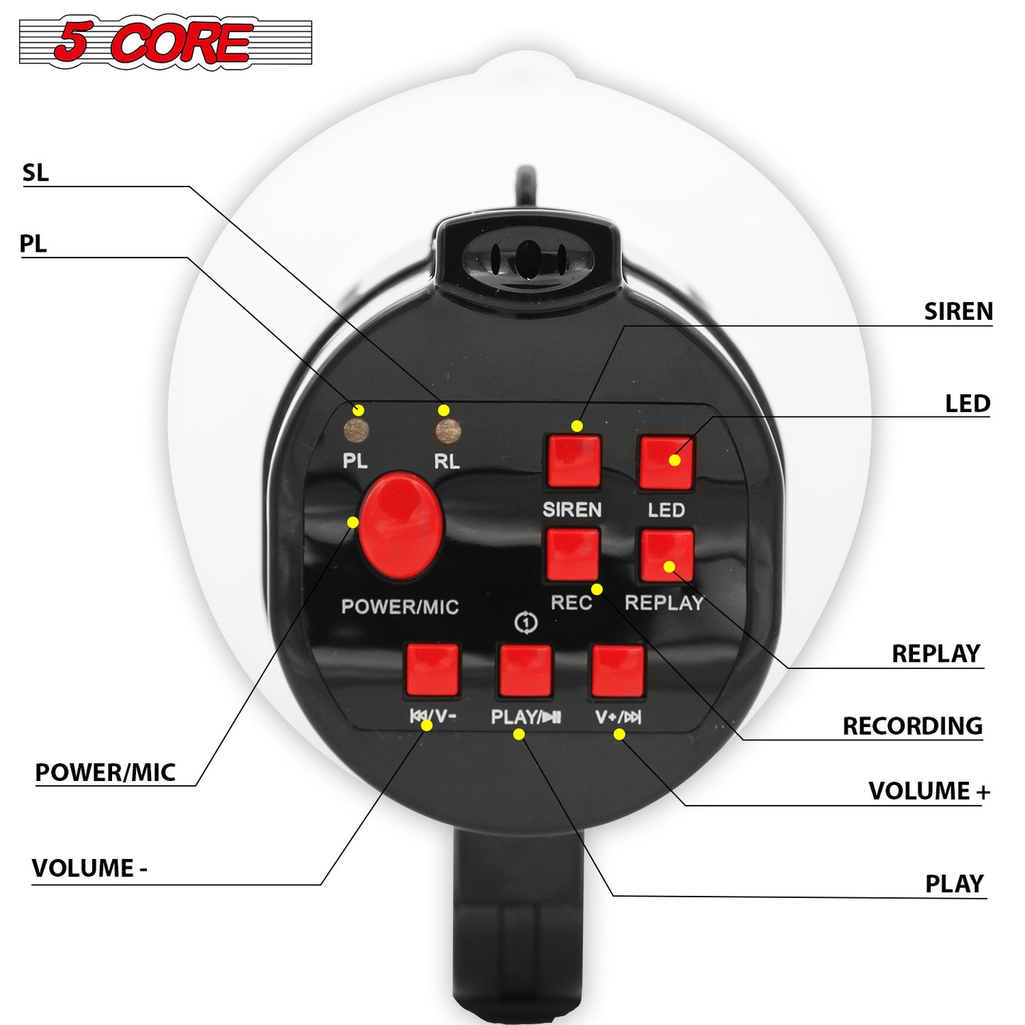 5Core Megaphone Handheld with LED lights Bullhorn Cheer Loudspeaker Bull Horn Speaker Megaphono Siren Torch Flashlight Sling Strap Portable 148 LED