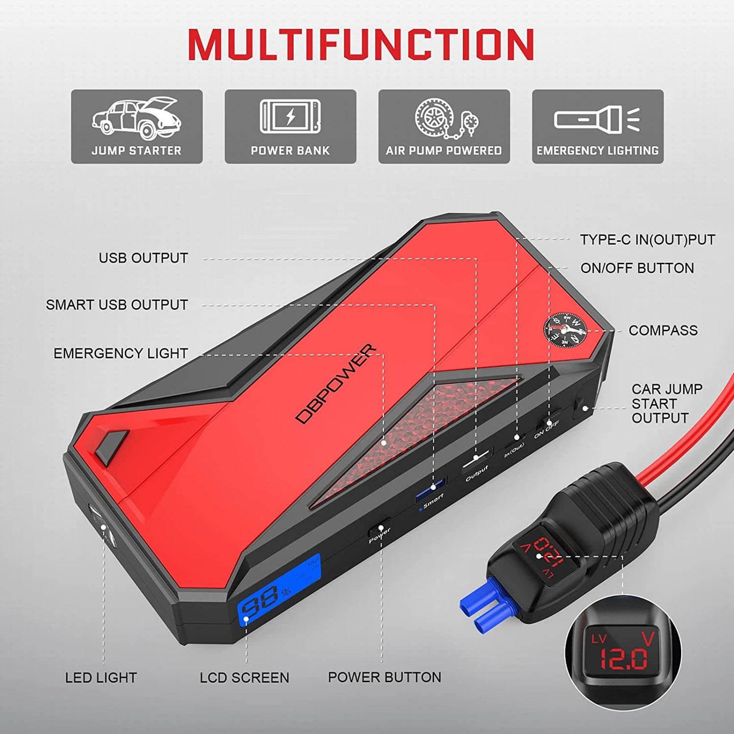 DBPOWER Peak 1600A 18000mAh Portable Car Jump Starter( up to 7.2 Gas;  5.5L Diesel Engines) Battery Booster with Smart Charging Port;  LCD Display;  Intelligent Jumper Clamps;  Compass and LED Light