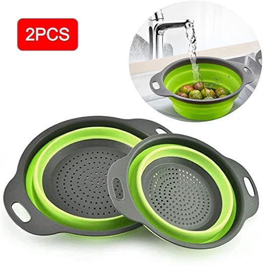 Collapsible Colander Silicone Bowl Strainer Set of 2, Portable Folding Filter Basket Bowls Container Rubber Strainer, Use for Draining Fruits, Vegetables and Pastas