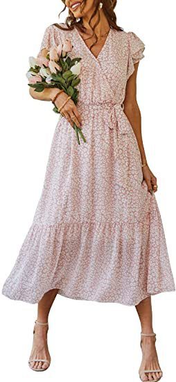 Women's 2023 Floral Summer Dress Wrap V Neck Short Sleeve Belted Ruffle Hem A-Line Bohemian Maxi Dresses