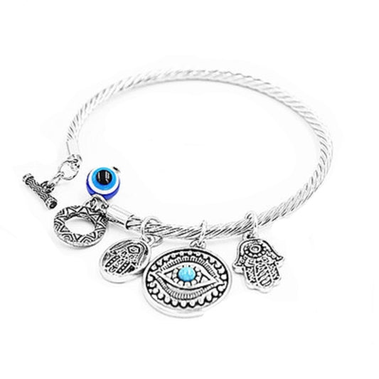 Twisted Bracelet Womens Dangling Evil Eye and Hamsa Hand Charm