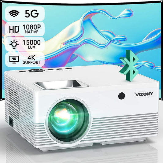 VIZONY Projector with 5G WiFi and Bluetooth, 15000L 500ANSI Full HD Native 1080P Projector, Support 4k & 350" Display with Carry Case, Outdoor Movie Projector Compatible w/Phone/TV Stick/Laptop, White