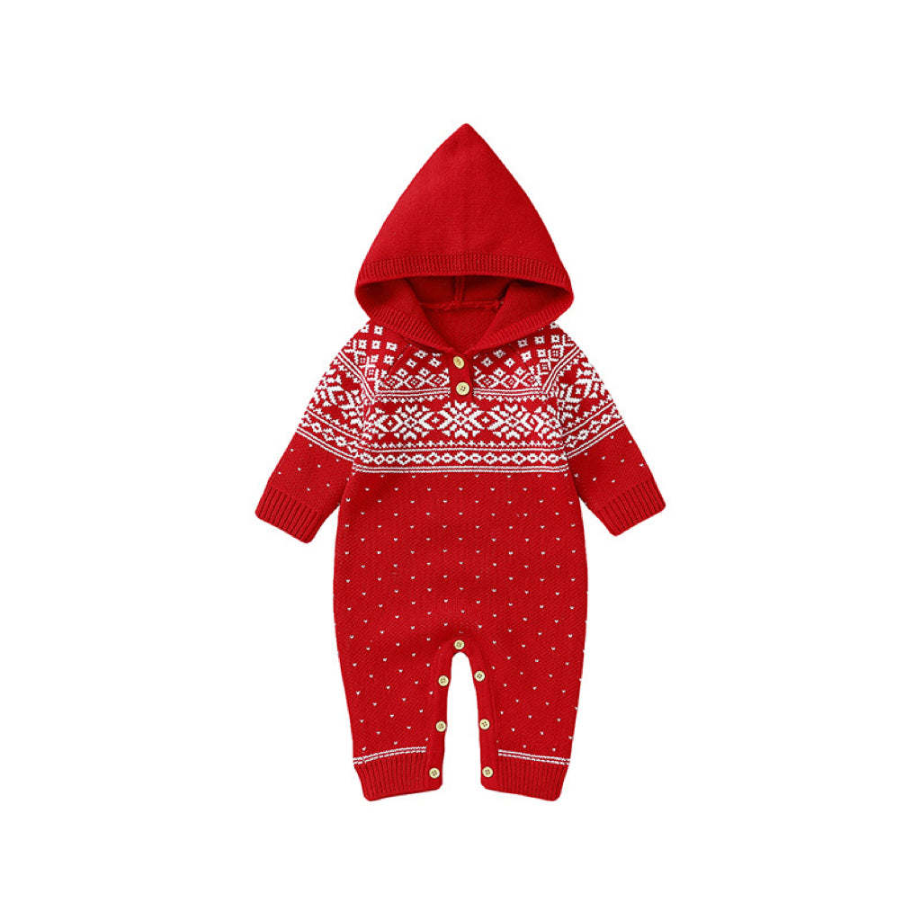 Baby Boy And Girl Christmas Print Pattern Knit Hooded Jumpsuits