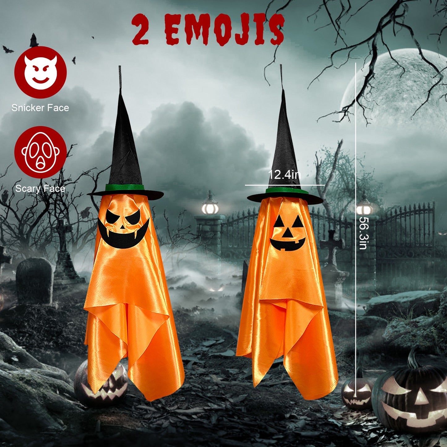 2 Pack Hanging Ghosts with Wizard Hat Snicker Scary Face Halloween Party Hanging Decorations Pumpkin Wizard Hat for Eave Tree Porch