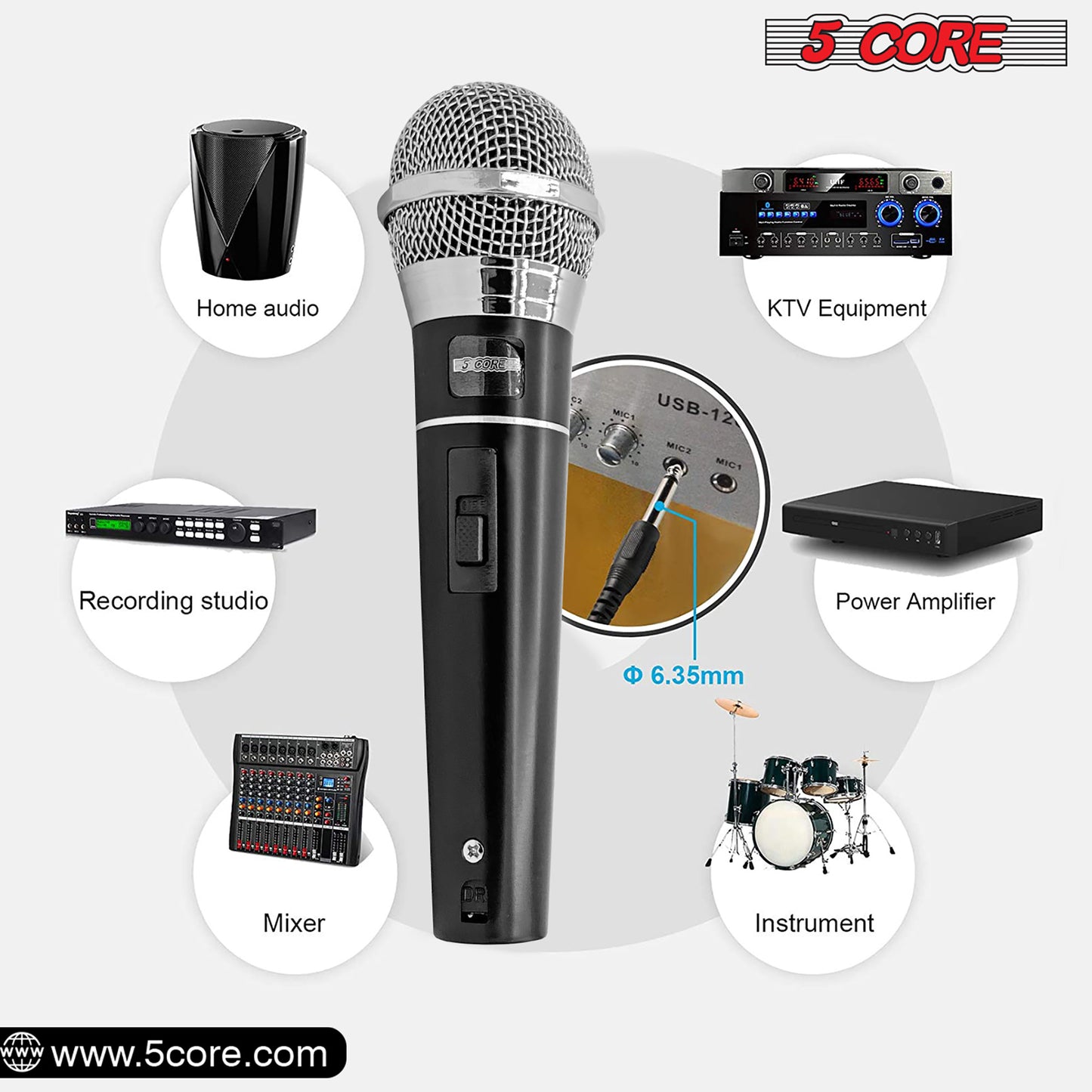 5 CORE Premium Vocal Dynamic Cardioid Handheld Microphone Unidirectional Mic with 16ft Detachable XLR Cable to ? inch Audio Jack and On/Off Switch for Karaoke Singing PM 100