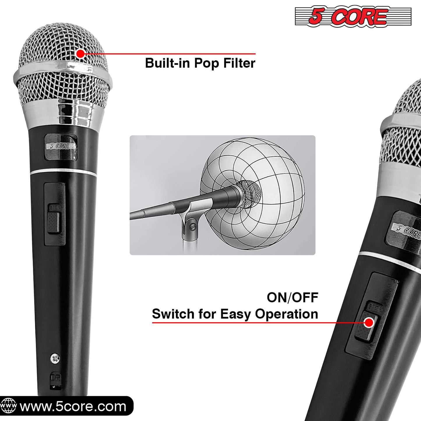 5 CORE Premium Vocal Dynamic Cardioid Handheld Microphone Unidirectional Mic with 16ft Detachable XLR Cable to ? inch Audio Jack and On/Off Switch for Karaoke Singing PM 100