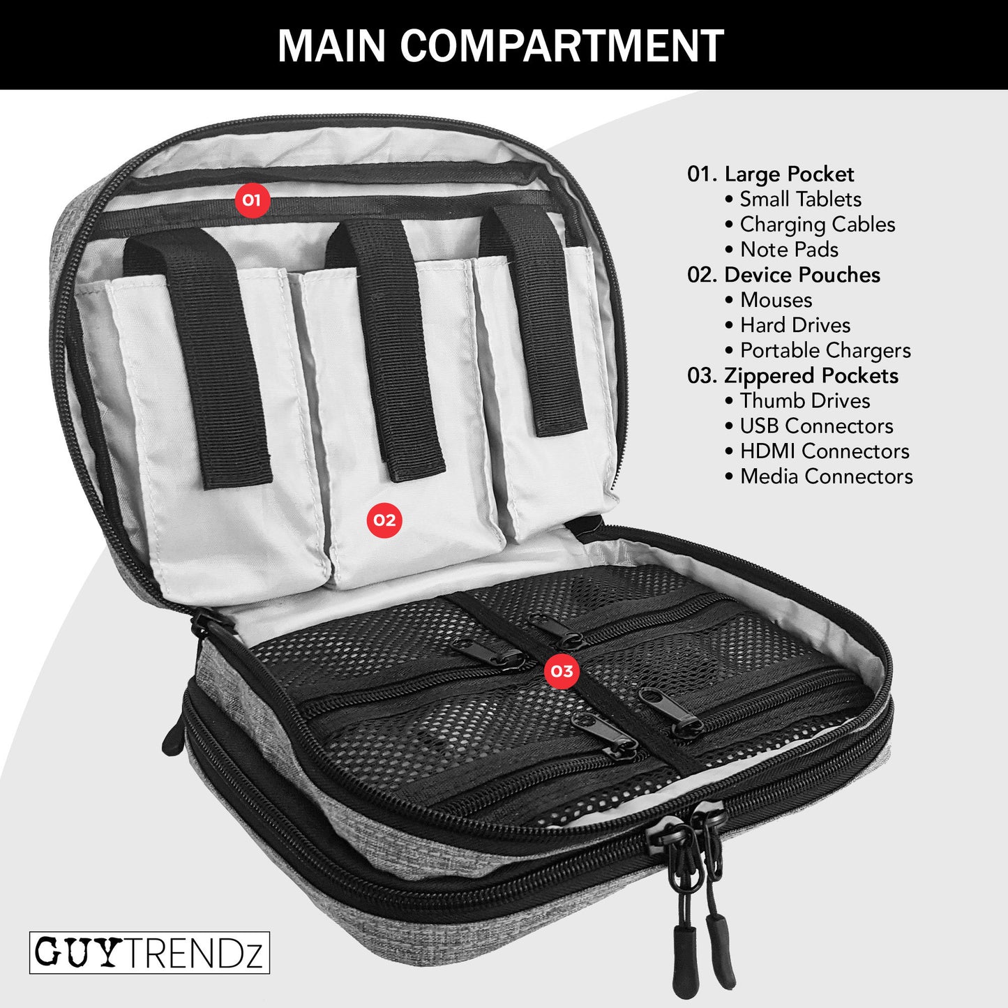 Tech Organizer Case | Electronics Gear Organizer for Cables;  Devices;  Thumb Drives;  Connectors;  USB;  HDMI;  Mouses;  Hard Drives;  Battery Chargers;  Phones