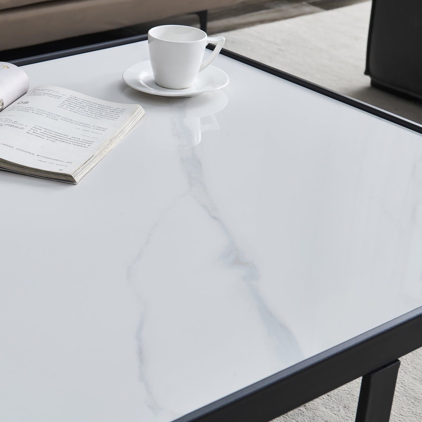 Minimalism Square coffee table; Black metal frame with sintered stone tabletop