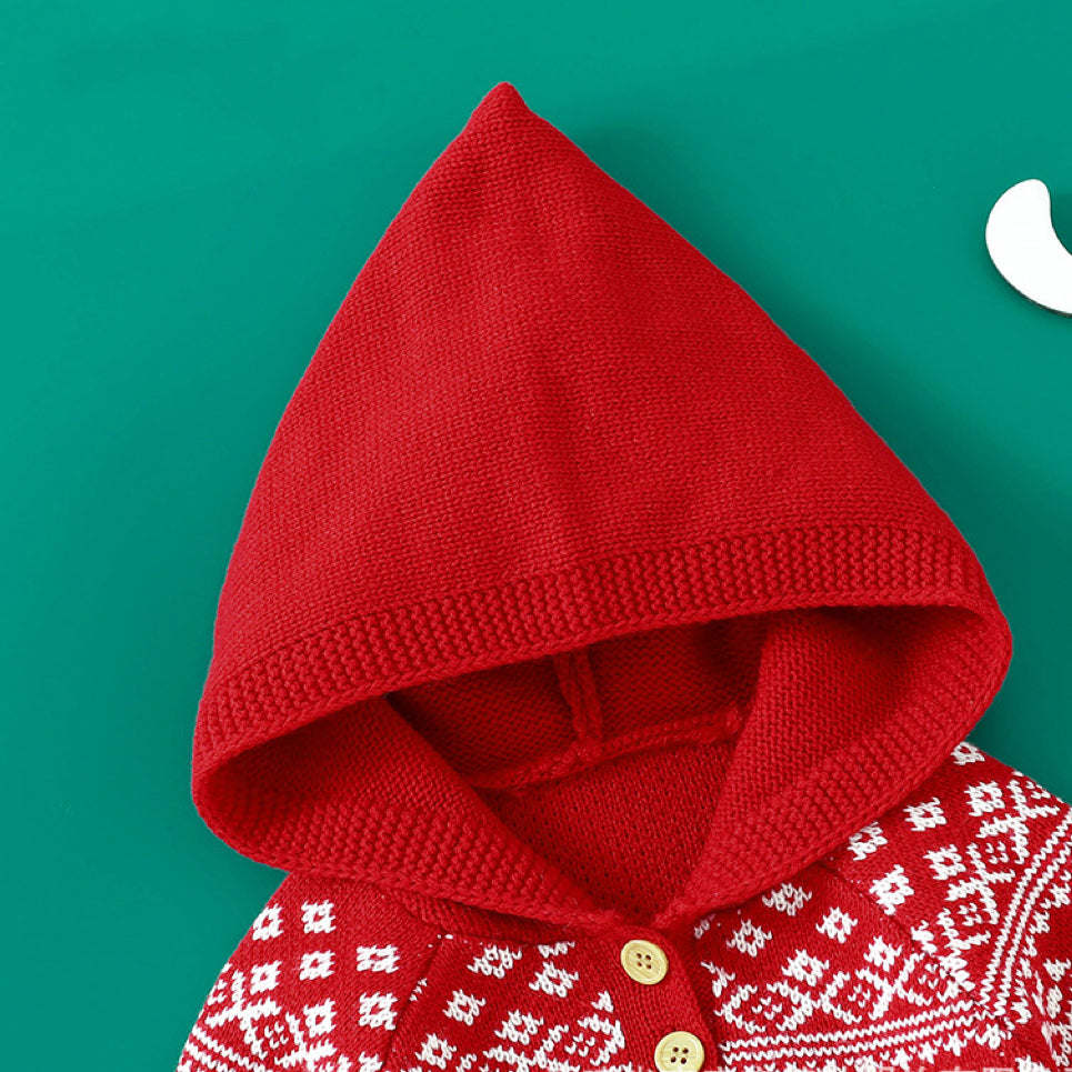 Baby Boy And Girl Christmas Print Pattern Knit Hooded Jumpsuits