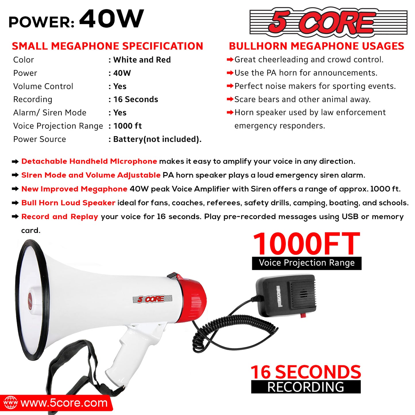 5 CORE 40W Megaphone Bullhorn Cheer Bull Horn Speaker Rechargeable Megafono 1000 Yard Range Siren Recording USB SD Card AUX Detachable Microphone for Cheerleading, Football, Safety Drills 20RF