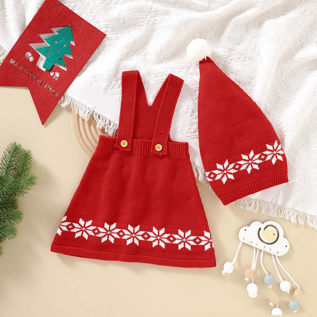 Baby Geometric Print Pattern Strap Design Dress & Christmas Hat Sets