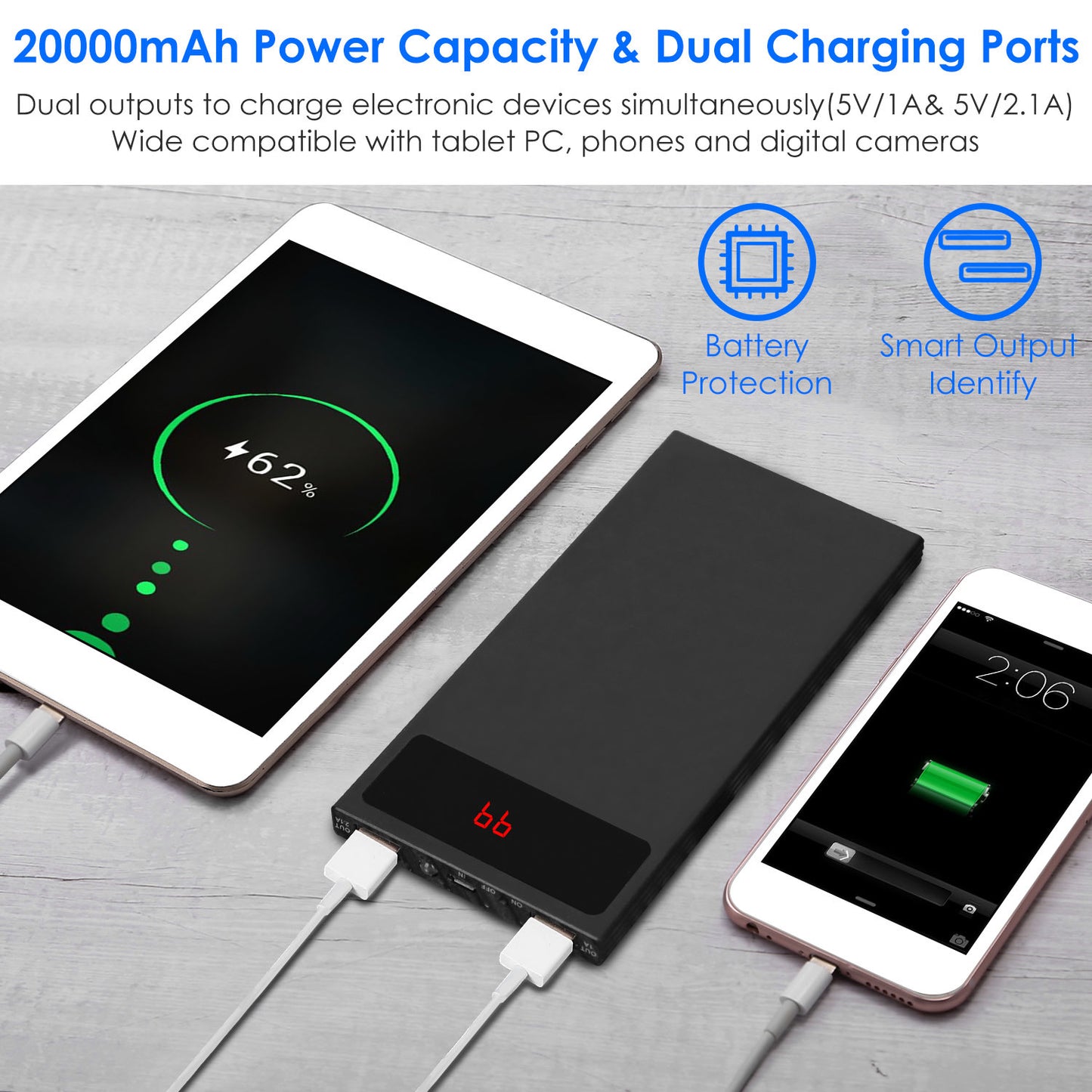 20000mAh Power Bank Ultra Thin External Battery Pack Phone Charger Dual USB Ports Flashlight Battery Remain Display