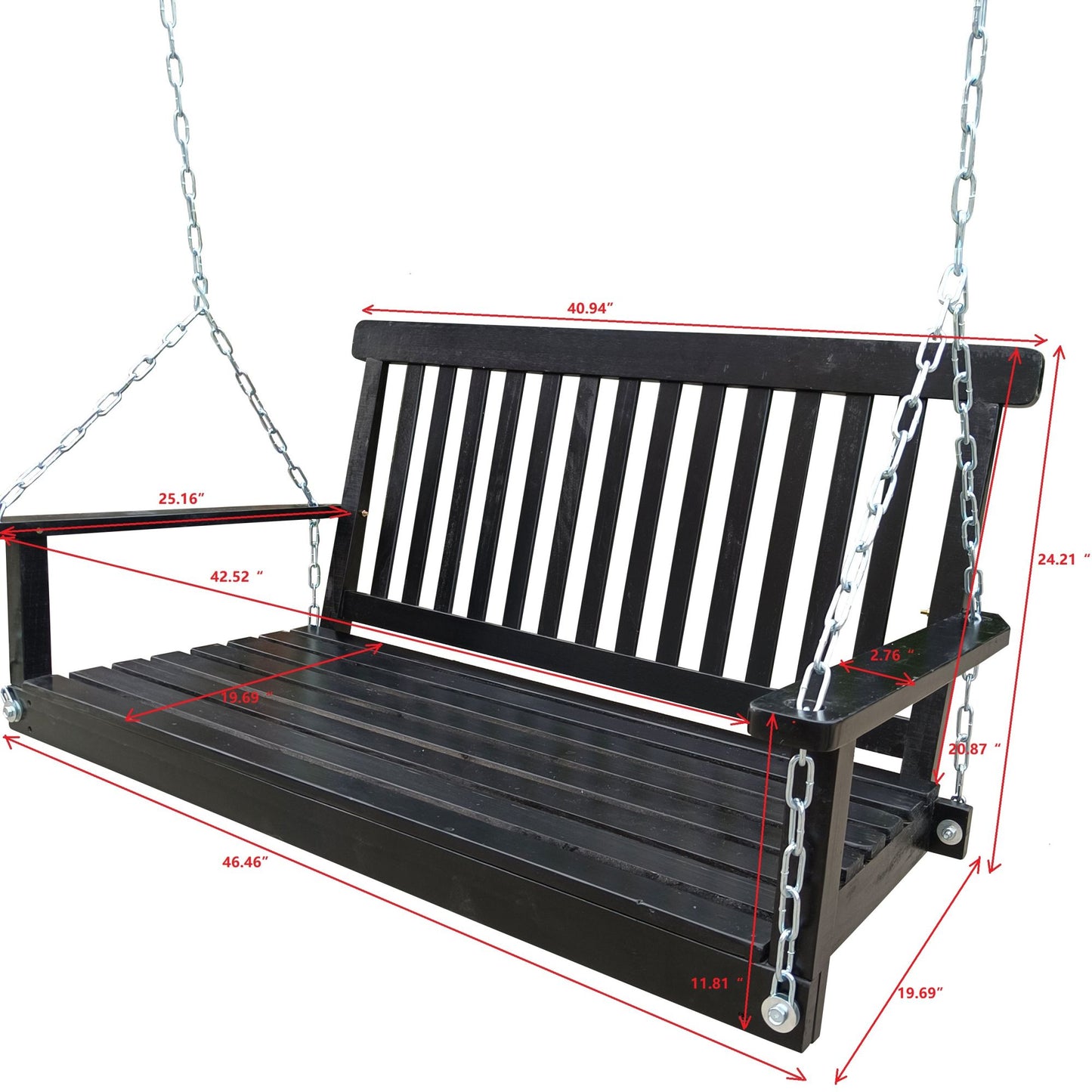 Front Porch Swing with Armrests;  Wood Bench Swing with Hanging Chains; for Outdoor Patio ; Garden Yard;  porch;  backyard;  or sunroom; Easy to Assemble; black