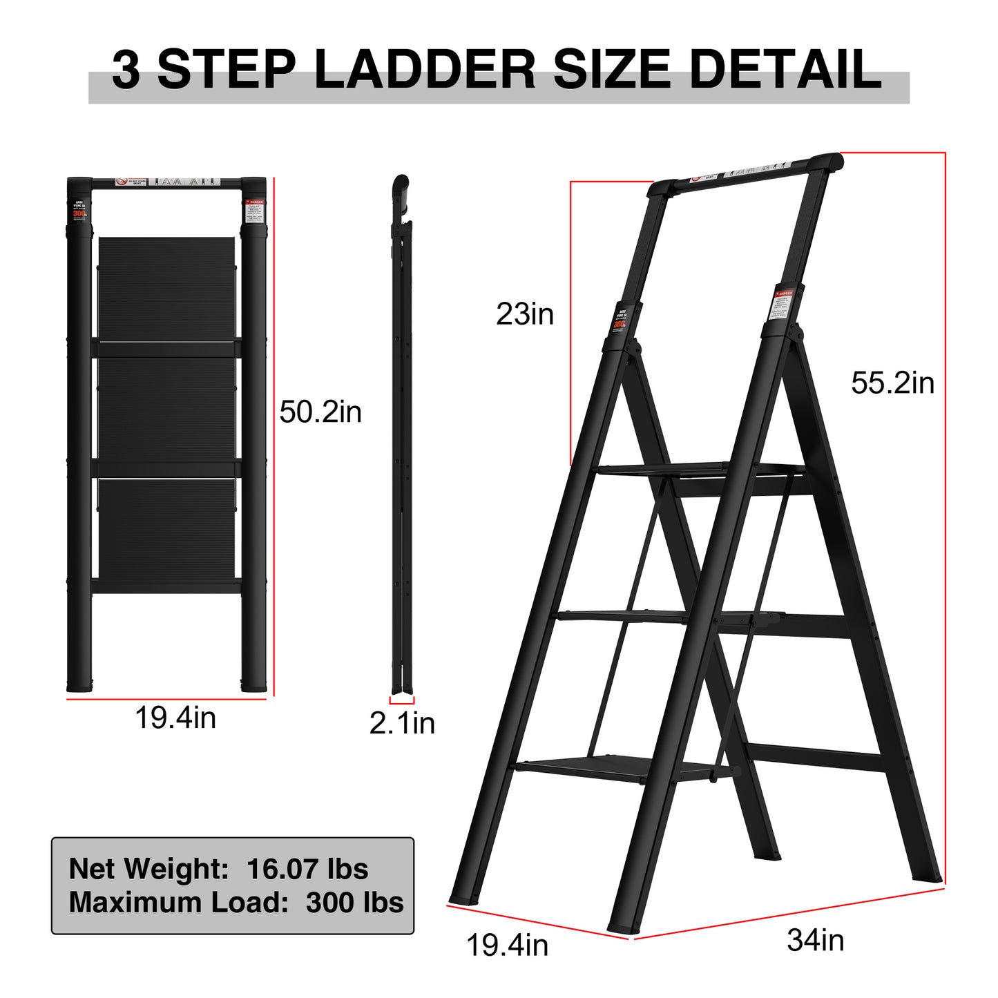 3 Step Ladder;  Retractable Handgrip Folding Step Stool with Anti-Slip Wide Pedal;  Aluminum Stool Ladders 3 Steps;  300lbs Safety Household Ladder