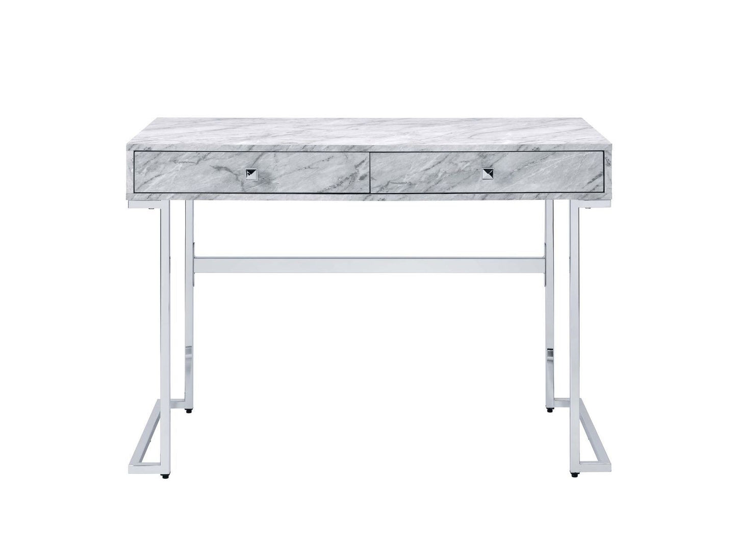 Tigress Writing Desk; White Printed Faux Marble & Chrome Finish YJ