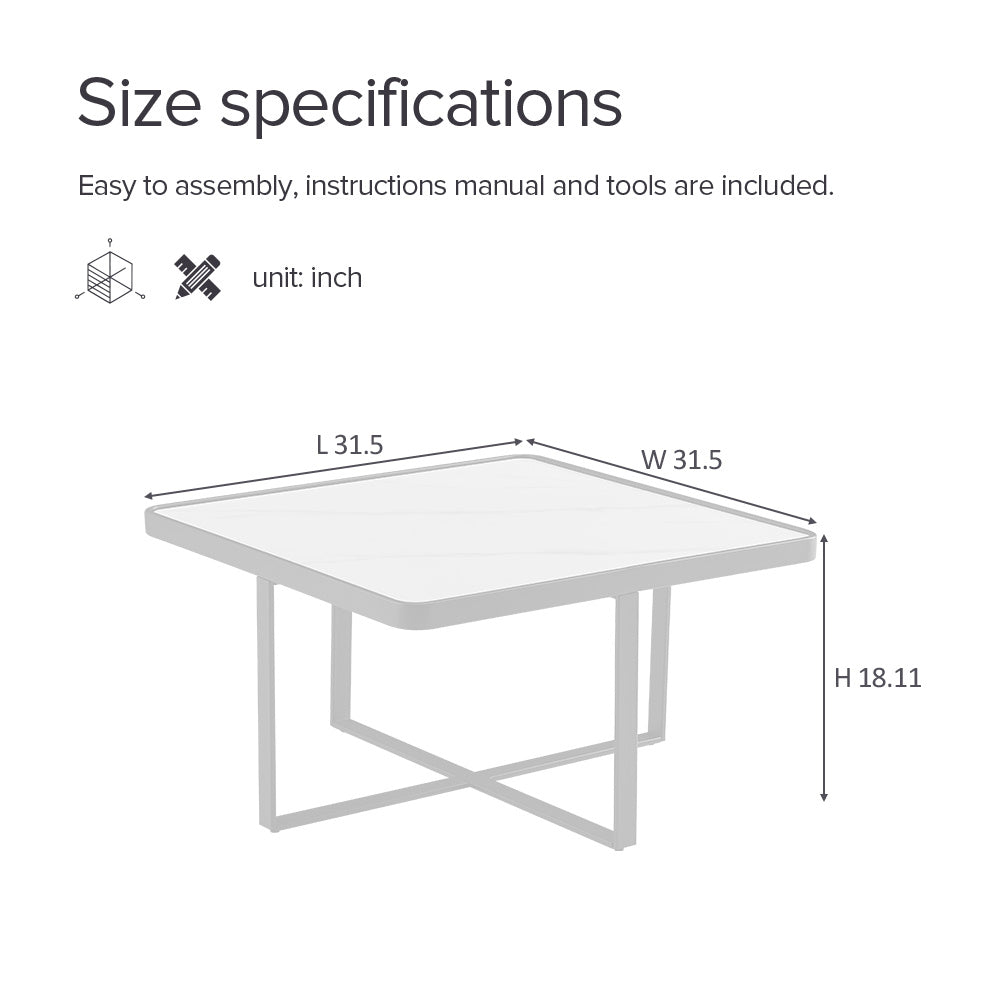 Minimalism Square coffee table; Black metal frame with sintered stone tabletop