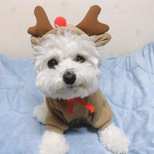 Warm Dog Sweater Christmas Elk Costume Drawstring Hooded Sweatshirt For Small & Medium Dogs