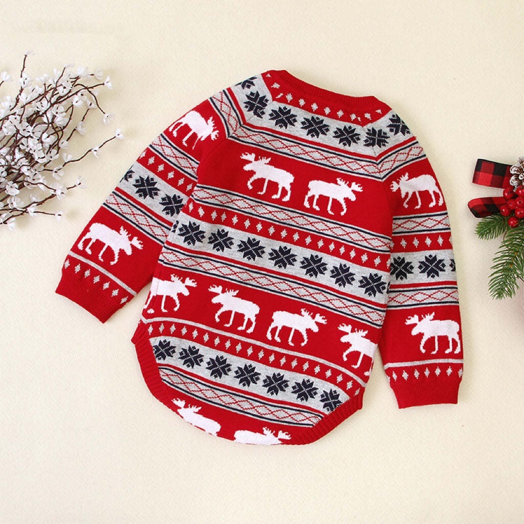 Baby Christmas Deer Pattern Shoulder Button Design Long Sleeved Onesies