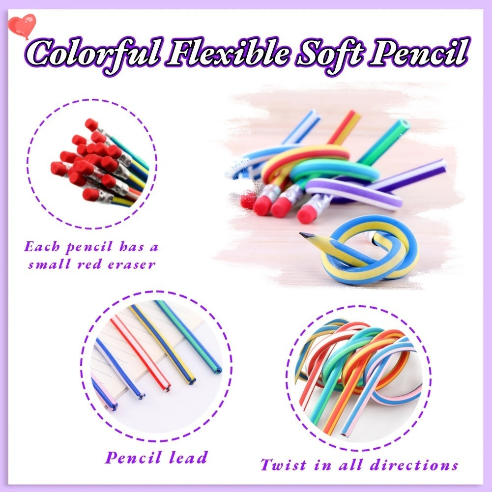 10pcs 7 Inch Flexible Pencils,Soft Novelty Pencil,Multi Colored Striped Soft Pencil With Eraser For Valentine's Day,Children Kids Gift School Fun Equipment