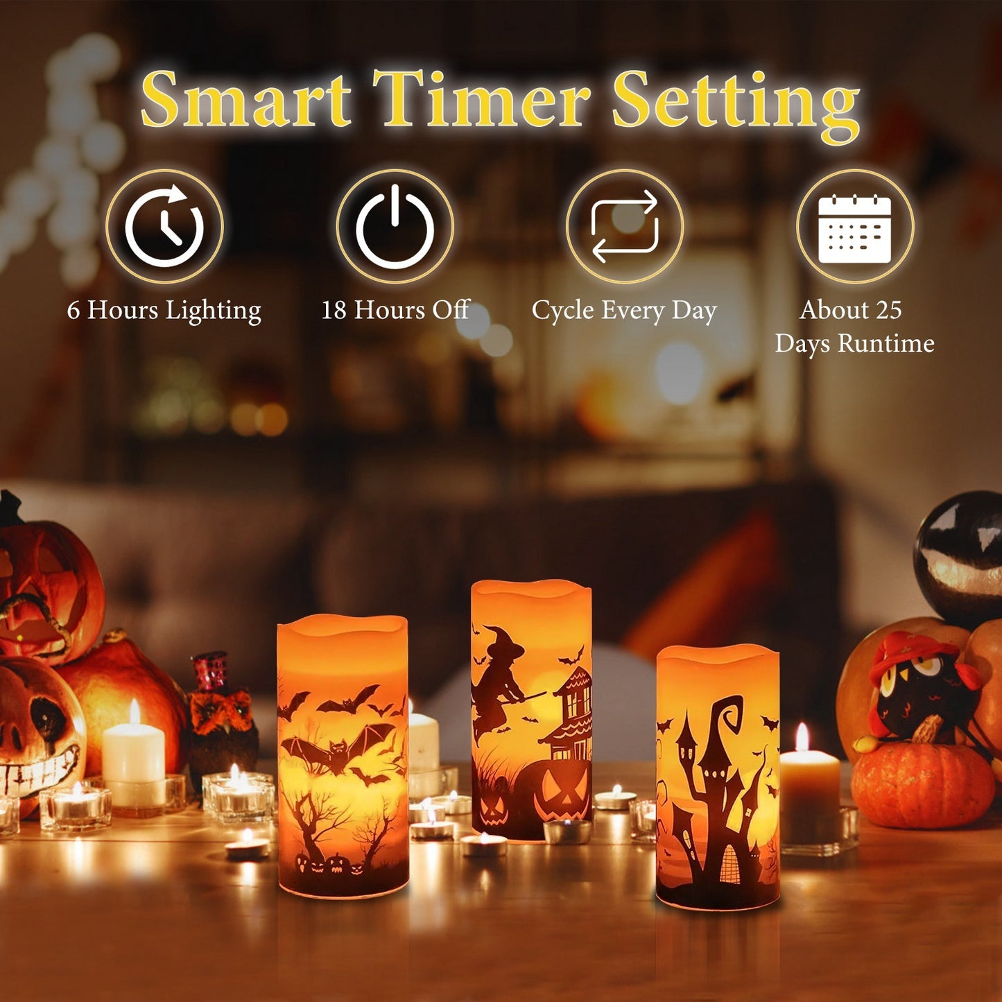 3 Pack Halloween Flameless Candle Lamp with Timer Setting Battery Operated Warm Orange Light Candles for Halloween Party Decoration Spider Crow Skull