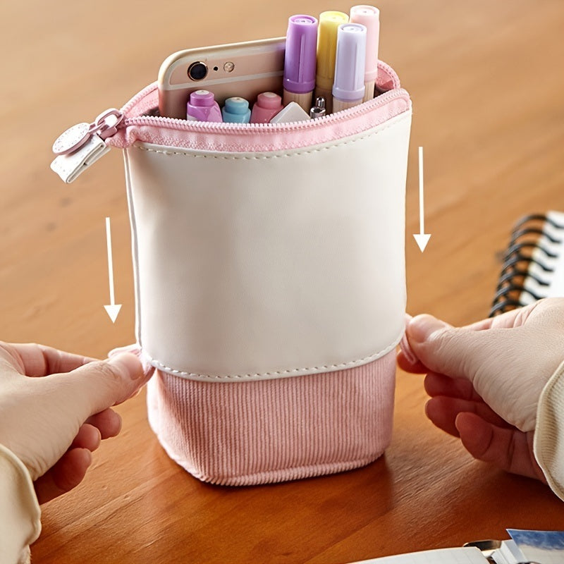 Pencil Telescopic Holder Stationery Case, PU Corduroy Pen Pencil Telescopic Holder Stationery Case Organizer Great For Makeup Cosmetics Pouch Zipper Retractable Pen Bag