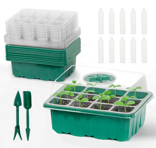 10Pcs Seed Starter Tray Kit Reusable Overall 120Cells Seeding Propagator Station Greenhouse Growing Germination Tray with Humidity Dome Label 2Pcs Garden Tools