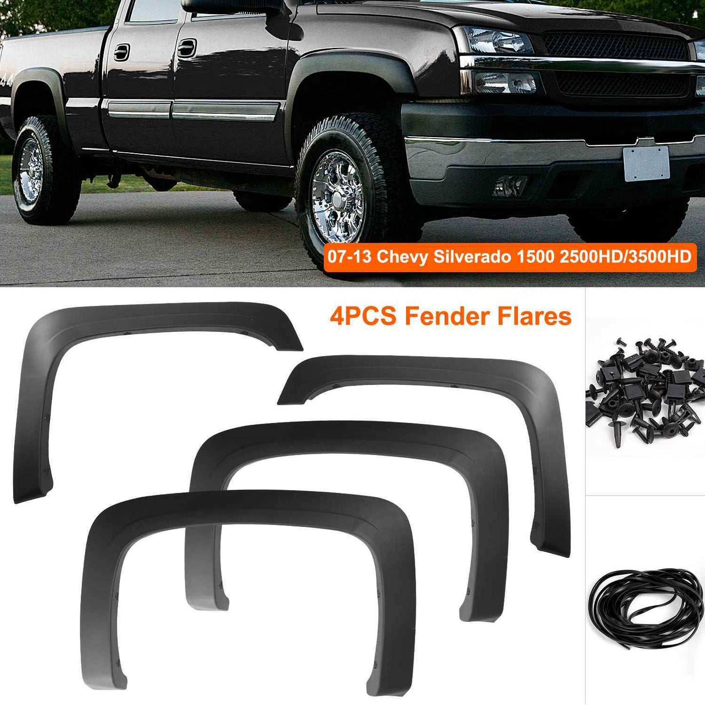 4PCS Wheel Rivet Fender Flares Pocket Style for 07-13 Chevy Silverado 1500 2500HD/3500HD