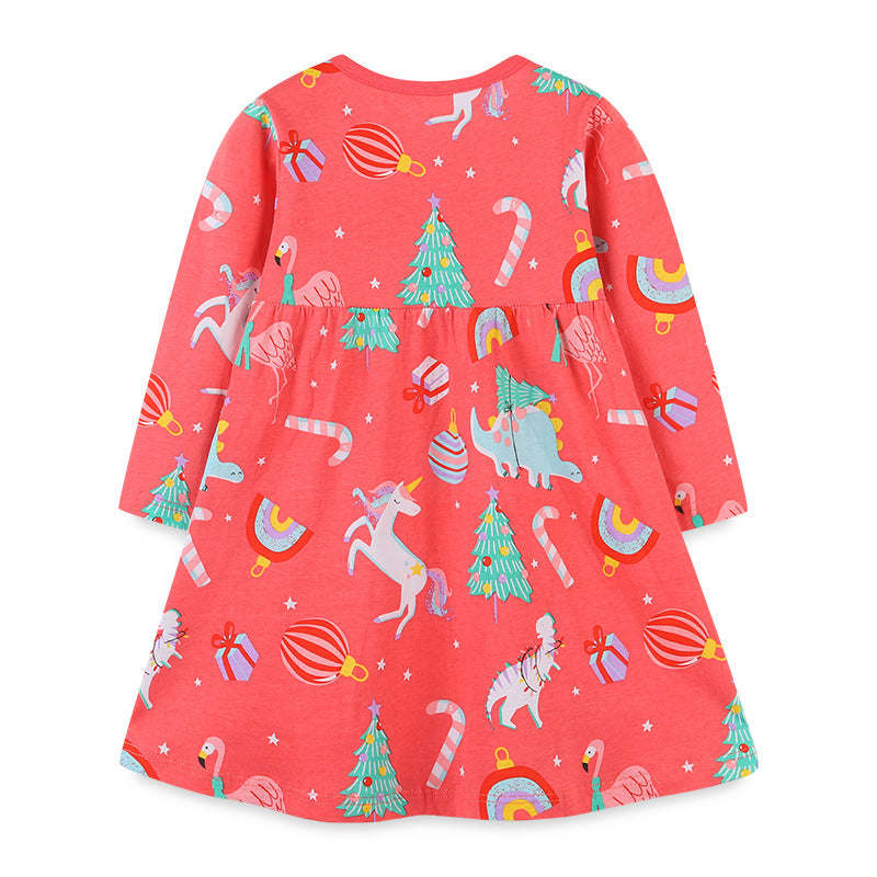 Baby Girl Cartoon Print Pattern Western Style Loose Christmas Dress