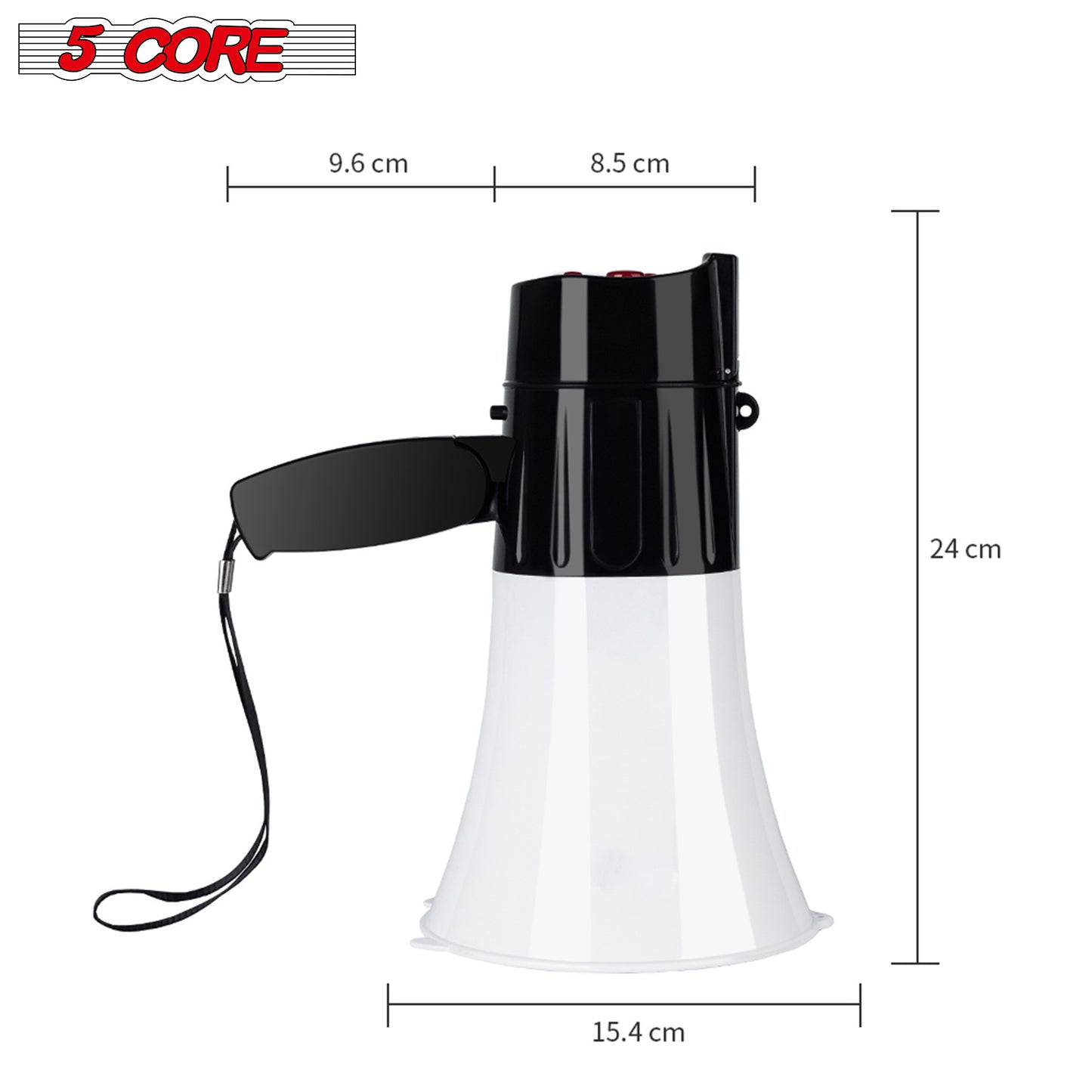 5Core Megaphone Handheld with LED lights Bullhorn Cheer Loudspeaker Bull Horn Speaker Megaphono Siren Torch Flashlight Sling Strap Portable 148 LED