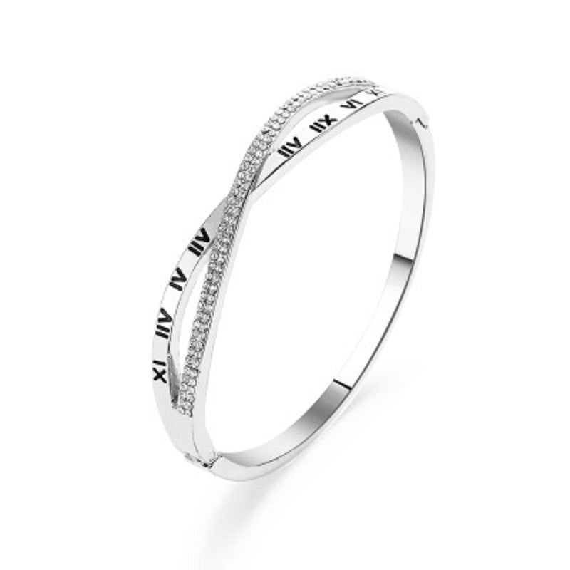 Roman Numerals Bracelet with Rhinestones Stainless Steel Bracelet Bangles for Women