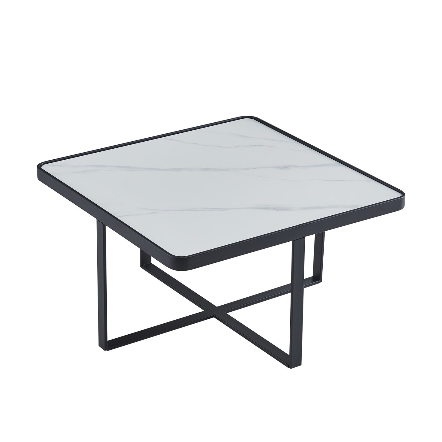 Minimalism Square coffee table; Black metal frame with sintered stone tabletop