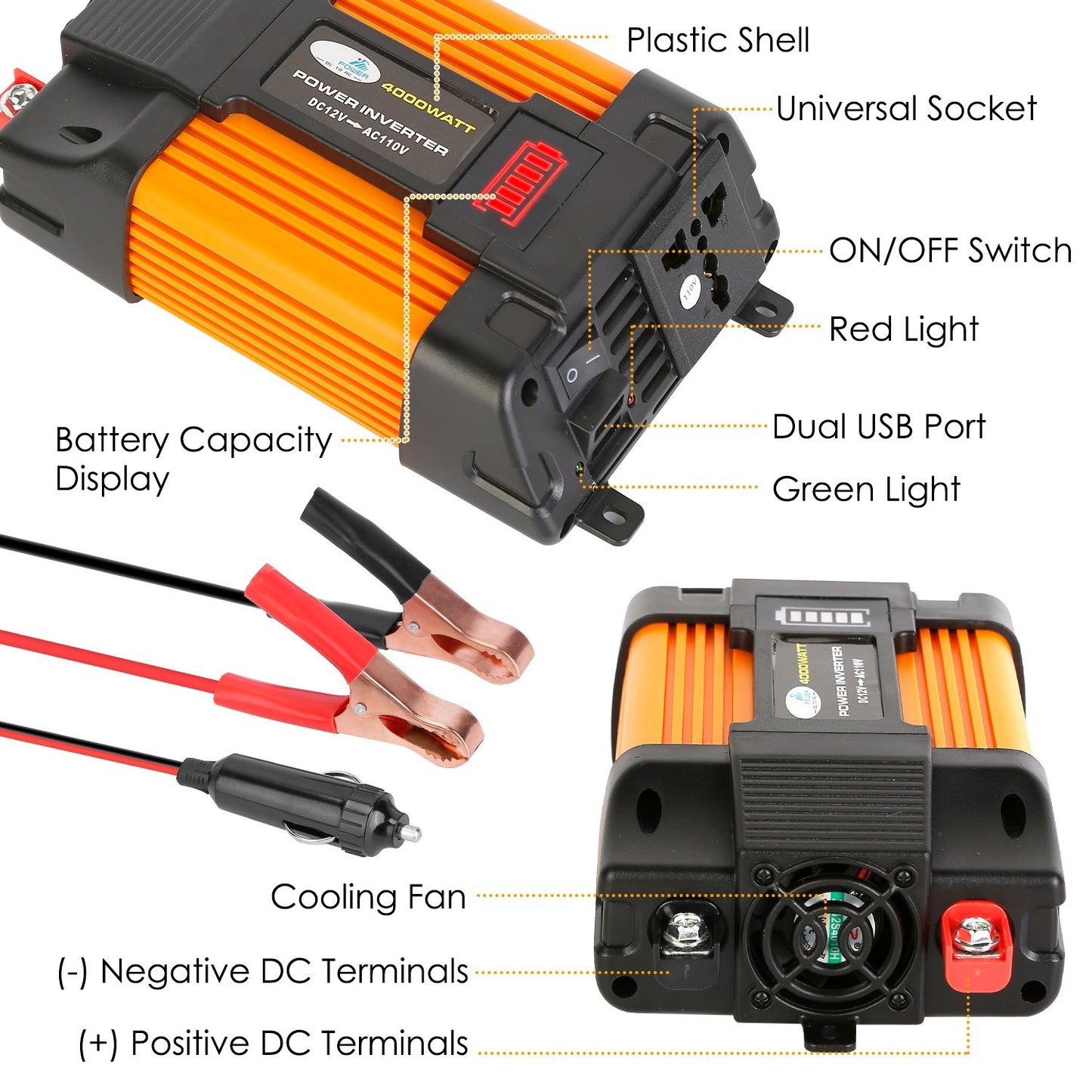 500W Continuous Power Inverter DC 12V To AC 110V Car 4000w Peak Power Inverter