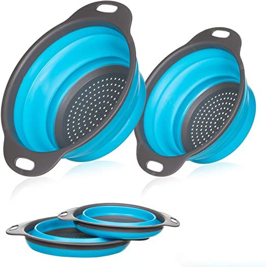 Collapsible Colander Silicone Bowl Strainer Set of 2, Portable Folding Filter Basket Bowls Container Rubber Strainer, Use for Draining Fruits, Vegetables and Pastas